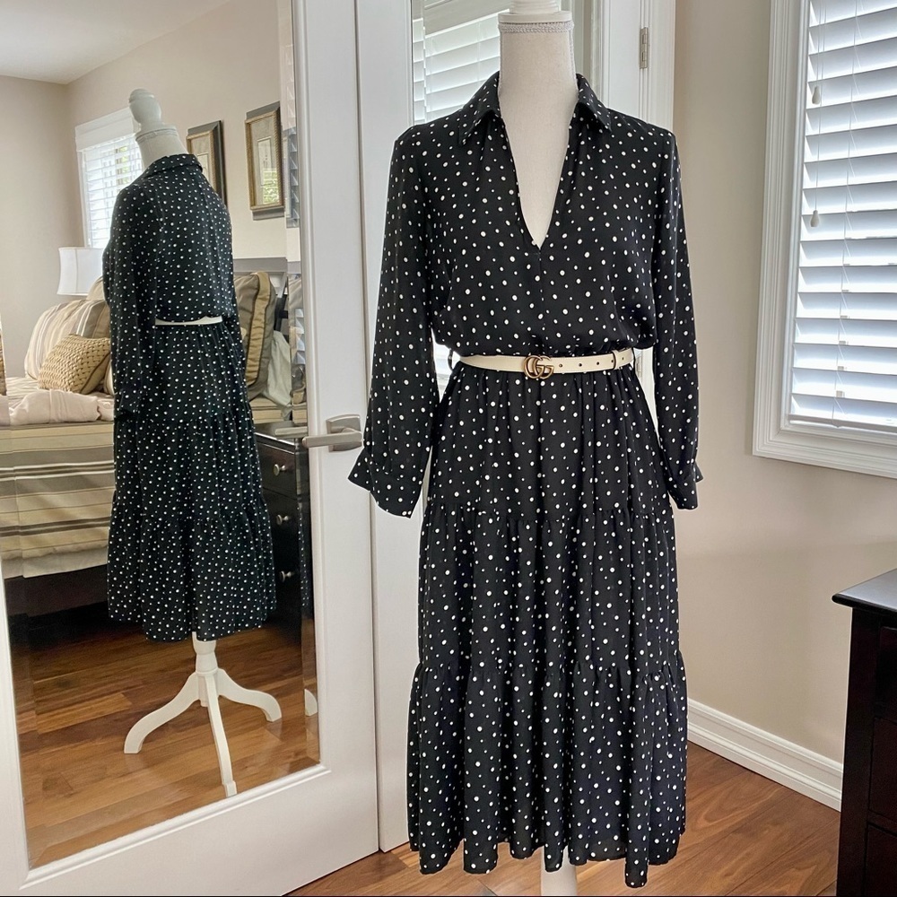 Zara Polka Dot Tiered Dress in Black with white, size S - Picture 10 of 12